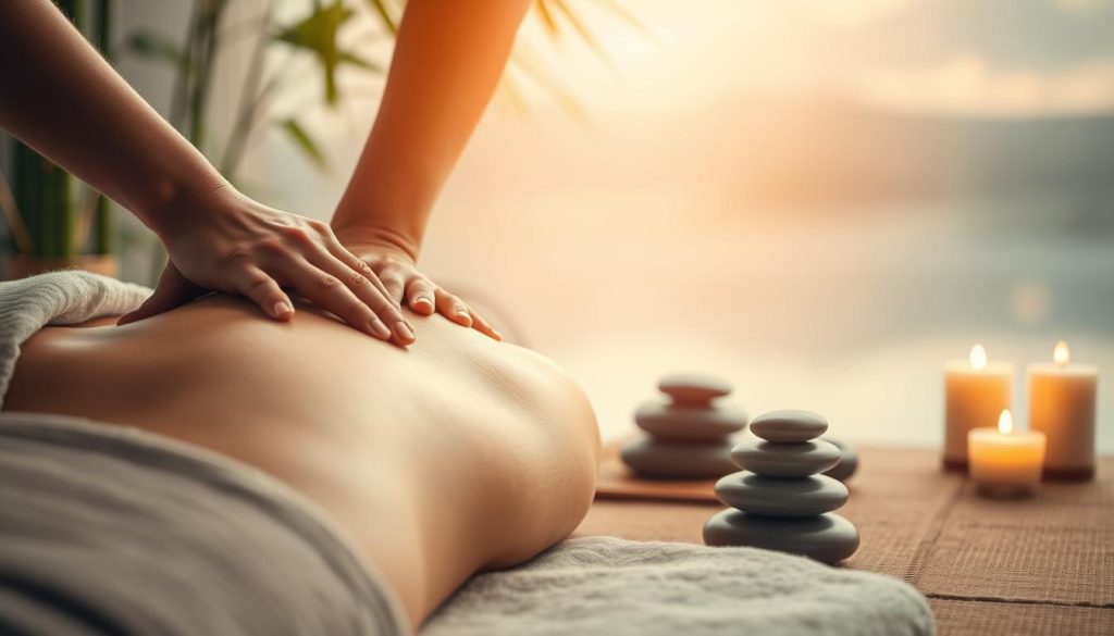 A tranquil scene of a relaxing massage therapy session, with a soft-focus, warm-toned lighting that casts a soothing glow. In the foreground, a pair of skilled hands gently kneads the muscles of a person's back, relieving tension and stress. The middle ground features a serene, minimalist setting with natural elements like bamboo, river stones, and candles, creating a zen-like ambiance. The background blurs into a calming, abstract landscape, suggesting a sense of peace and rejuvenation. The overall composition conveys the calming and restorative effects of massage on both the mind and body.