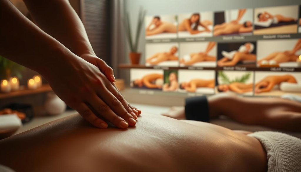 A tranquil scene showcasing a variety of soothing massage techniques. In the foreground, skilled hands gently knead and manipulate muscle tissue, promoting relaxation and alleviating tension. In the middle ground, a peaceful spa-like environment with soft lighting, natural elements, and calming ambiance. In the background, an array of massage modalities are depicted, from traditional Swedish to deep tissue, each with its own unique benefits for the body and mind. The overall atmosphere evokes a sense of harmony, wellness, and the restorative power of touch. A tranquil scene showcasing a variety of soothing massage techniques. In the foreground, skilled hands gently knead and manipulate muscle tissue, promoting relaxation and alleviating tension. In the middle ground, a peaceful spa-like environment with soft lighting, natural elements, and calming ambiance. In the background, an array of massage modalities are depicted, from traditional Swedish to deep tissue, each with its own unique benefits for the body and mind. The overall atmosphere evokes a sense of harmony, wellness, and the restorative power of touch.
