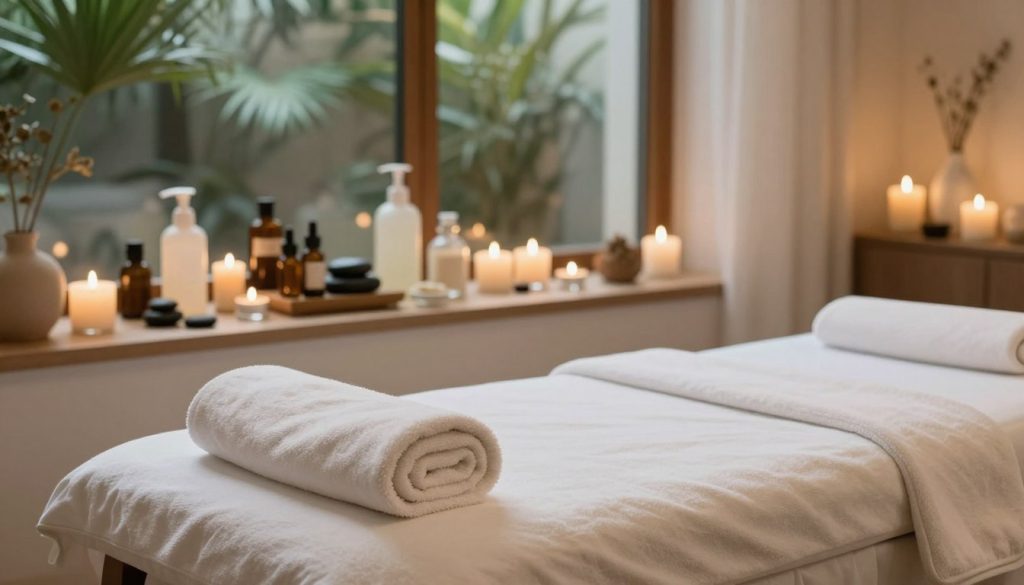 A tranquil spa experience in a luxurious setting, featuring a serene treatment room with soft, ambient lighting. The foreground includes a plush massage table adorned with fluffy white towels and fragrant candles, exuding a calming aroma. In the middle ground, a beautifully arranged display of natural spa products like essential oils and stones creates an inviting atmosphere. The background shows lush greenery through large windows, enhancing the sense of relaxation. The overall color palette is soothing, with soft earth tones and gentle pastels, contributing to a serene mood. The image captures the essence of rejuvenation and tranquility, ideal for a high-end spa in Istanbul.