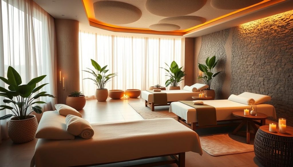 A tranquil spa interior with plush, inviting textures and soft, warm lighting. Serene stone walls and natural wood accents create a calming ambiance. Elegant chaise lounges and massage tables stand ready for indulgent relaxation. Diffused sunlight filters through sheer curtains, casting a gentle glow. Lush potted plants and aromatic candles add a touch of luxury. The space emanates a sense of peace and comfort, an oasis of well-being. A tranquil spa interior with plush, inviting textures and soft, warm lighting. Serene stone walls and natural wood accents create a calming ambiance. Elegant chaise lounges and massage tables stand ready for indulgent relaxation. Diffused sunlight filters through sheer curtains, casting a gentle glow. Lush potted plants and aromatic candles add a touch of luxury. The space emanates a sense of peace and comfort, an oasis of well-being.
