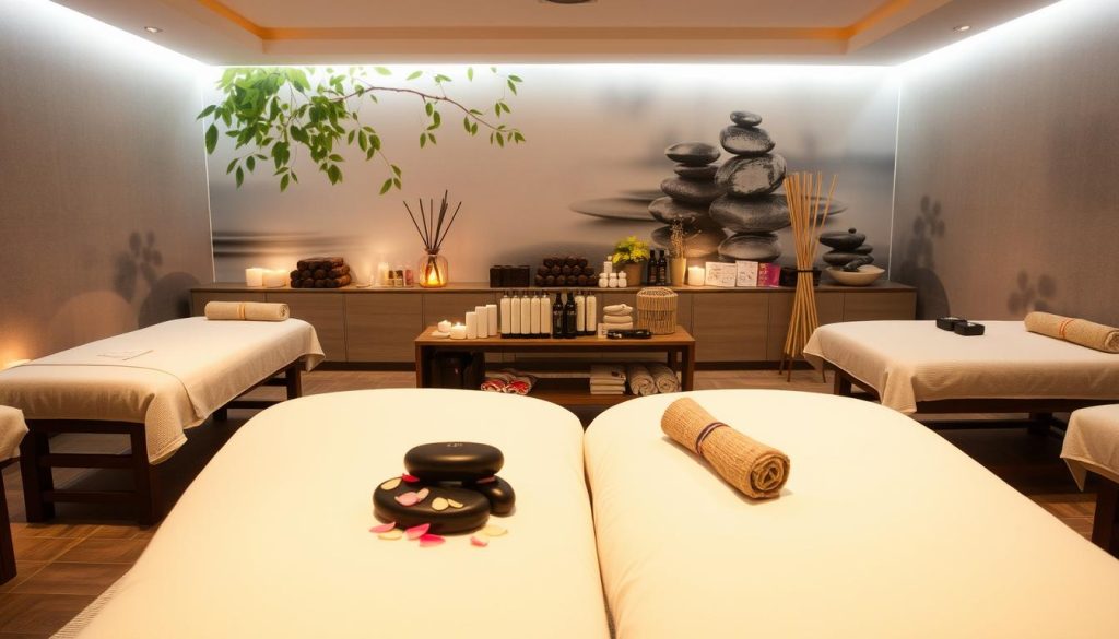 A tranquil spa-like setting showcasing a variety of massage service options. In the foreground, plush massage tables surrounded by soft lighting and soothing decor elements like candles, flower petals, and essential oil diffusers. In the middle ground, an array of massage tools and accessories like massage oils, hot stones, and bamboo rods neatly displayed. In the background, a serene, nature-inspired mural or wall feature, evoking a sense of relaxation and well-being. The overall mood is calming, inviting, and luxurious, reflecting the expertise and care of the masseuses. A tranquil spa-like setting showcasing a variety of massage service options. In the foreground, plush massage tables surrounded by soft lighting and soothing decor elements like candles, flower petals, and essential oil diffusers. In the middle ground, an array of massage tools and accessories like massage oils, hot stones, and bamboo rods neatly displayed. In the background, a serene, nature-inspired mural or wall feature, evoking a sense of relaxation and well-being. The overall mood is calming, inviting, and luxurious, reflecting the expertise and care of the masseuses.
