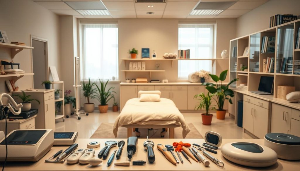 A tranquil spa-like setting with a soothing atmosphere. The scene depicts a peaceful massage research laboratory, filled with an array of massage tools and equipment. The space is bathed in warm, diffused lighting, creating a calming ambiance. In the foreground, various massage devices and tools are neatly arranged, conveying a sense of professionalism and expertise. The middle ground showcases a massage table, surrounded by natural elements like potted plants, suggesting a holistic approach to massage research. In the background, shelves and cabinets hold an assortment of massage-related publications and resources, hinting at the scholarly nature of the studies conducted within this space. The overall composition suggests a harmonious blend of science and wellness, inviting the viewer to explore the nuances of massage research. A tranquil spa-like setting with a soothing atmosphere. The scene depicts a peaceful massage research laboratory, filled with an array of massage tools and equipment. The space is bathed in warm, diffused lighting, creating a calming ambiance. In the foreground, various massage devices and tools are neatly arranged, conveying a sense of professionalism and expertise. The middle ground showcases a massage table, surrounded by natural elements like potted plants, suggesting a holistic approach to massage research. In the background, shelves and cabinets hold an assortment of massage-related publications and resources, hinting at the scholarly nature of the studies conducted within this space. The overall composition suggests a harmonious blend of science and wellness, inviting the viewer to explore the nuances of massage research.