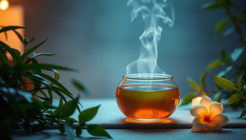 A tranquil spa-like setting, with a soothing color palette of soft blues and greens. In the center, a delicate glass vessel filled with fragrant essential oils, emitting gentle wisps of steam. Surrounding it, lush foliage and verdant plants, their leaves gently swaying, creating a serene and calming atmosphere. Dim, warm lighting casts a gentle glow, accentuating the natural textures and hues. The composition evokes a sense of relaxation, as if the viewer can almost feel the improved blood circulation and reduced muscle tension. A harmonious, holistic scene that visually represents the restorative benefits of massage on the body's systems.