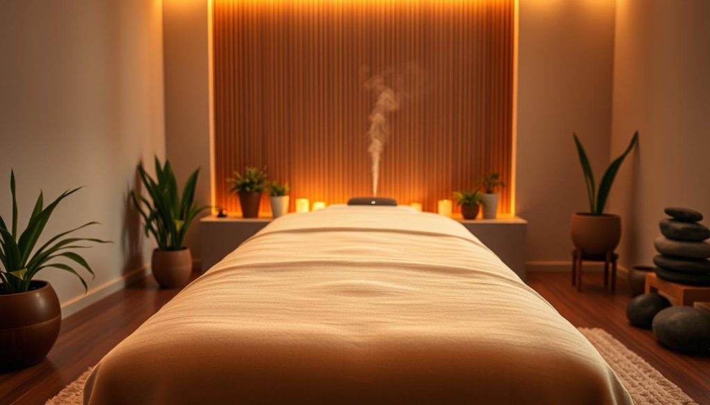 A tranquil spa-like setting, with warm lighting illuminating a serene massage table. Soft, plush linens in muted tones cover the table, creating an inviting and relaxing atmosphere. The room is adorned with natural elements such as potted plants and smooth river stones, evoking a sense of harmony and balance. Gentle steam wisps rise from a diffuser, infusing the air with soothing aromas. The overall scene conveys a sense of peace, comfort, and rejuvenation, reflecting the high-quality massage experience one would expect from a professional practitioner in Istanbul.