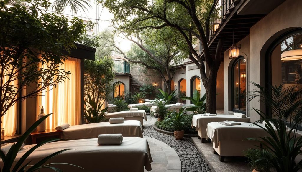 A tranquil spa oasis in the heart of bustling İstanbul, with serene massage parlors nestled along winding, tree-lined streets. Soft lighting filters through the windows, casting a warm glow over plush massage tables surrounded by soothing greenery. The air is filled with the gentle aroma of essential oils, inviting visitors to unwind and rejuvenate. Muted colors and natural textures create a calming atmosphere, while a hint of Ottoman-inspired architecture adds a touch of elegance. A hidden sanctuary where the stresses of city life melt away, allowing for a peaceful respite in the midst of the urban landscape.