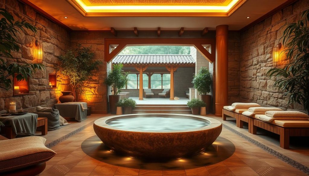 A tranquil spa oasis with natural stone walls, lush foliage, and soothing lighting. Warm wooden accents and plush textiles create a cozy, inviting atmosphere. At the center, a large stone basin filled with steaming water, surrounded by elegant Turkish-inspired tiles. Soft ambient light filters through the space, casting a gentle glow. In the background, a glimpse of traditional wooden arches and intricate architectural details, evoking the rich heritage of Turkish spa and wellness traditions. The overall scene exudes a sense of relaxation, rejuvenation, and a harmonious blend of modern and ancient elements. A tranquil spa oasis with natural stone walls, lush foliage, and soothing lighting. Warm wooden accents and plush textiles create a cozy, inviting atmosphere. At the center, a large stone basin filled with steaming water, surrounded by elegant Turkish-inspired tiles. Soft ambient light filters through the space, casting a gentle glow. In the background, a glimpse of traditional wooden arches and intricate architectural details, evoking the rich heritage of Turkish spa and wellness traditions. The overall scene exudes a sense of relaxation, rejuvenation, and a harmonious blend of modern and ancient elements.