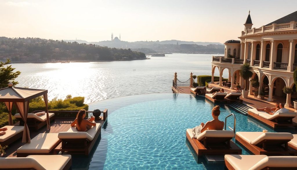 A tranquil spa resort nestled along the shores of the Bosphorus Strait, its elegant architecture and lush gardens bathed in warm, golden sunlight. The infinity pool reflects the shimmering waters and the graceful outline of Istanbul's historic skyline. Guests recline on plush cabanas, sipping herbal teas and indulging in soothing massages as a gentle breeze carries the scent of jasmine. The luxurious spa offers a range of rejuvenating treatments, from Turkish baths to signature aromatherapy rituals, all while showcasing the mesmerizing Bosphorus panorama. An oasis of calm and relaxation, where the city's vibrant energy gives way to a serene, restorative experience. A tranquil spa resort nestled along the shores of the Bosphorus Strait, its elegant architecture and lush gardens bathed in warm, golden sunlight. The infinity pool reflects the shimmering waters and the graceful outline of Istanbul's historic skyline. Guests recline on plush cabanas, sipping herbal teas and indulging in soothing massages as a gentle breeze carries the scent of jasmine. The luxurious spa offers a range of rejuvenating treatments, from Turkish baths to signature aromatherapy rituals, all while showcasing the mesmerizing Bosphorus panorama. An oasis of calm and relaxation, where the city's vibrant energy gives way to a serene, restorative experience.