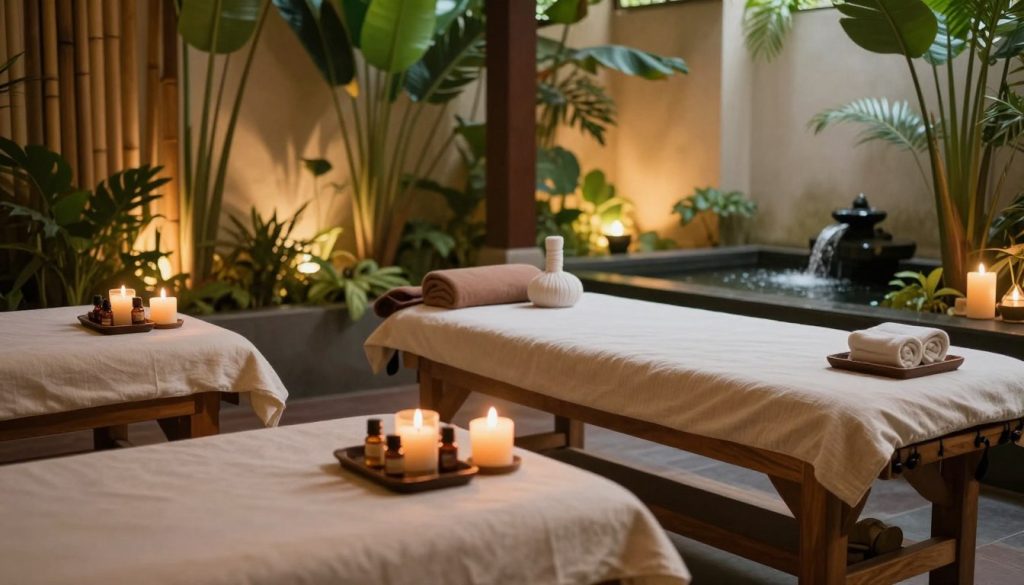 A tranquil spa setting inspired by Bali, featuring elegant wooden massage tables adorned with soft, natural fabrics. In the foreground, an array of essential oils and aromatic candles creates a soothing atmosphere. The middle ground showcases a serene indoor space with lush tropical plants, bamboo accents, and soft ambient lighting casting a warm glow. In the background, delicate water features gently trickle, enhancing the calming environment. The scene evokes a sense of relaxation and wellness, with a focus on the art of Aroma Therapy and Thai massage experiences. The mood is peaceful and inviting, perfect for rejuvenation and tranquility. The lighting should be soft and natural, reminiscent of twilight for a soothing ambiance.