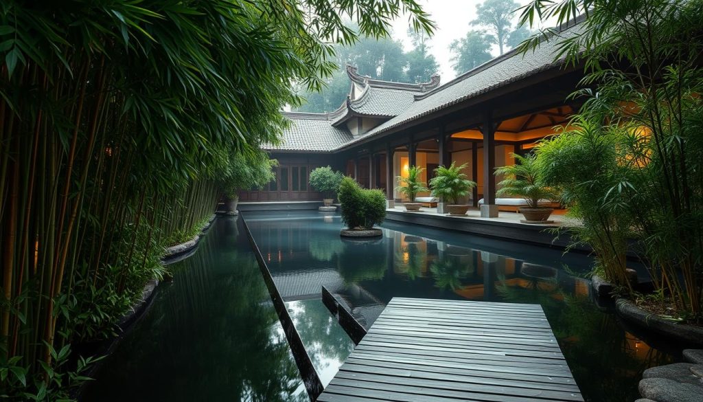 A tranquil spa setting with a serene atmosphere. In the foreground, a wooden footbridge leads to a serene reflecting pool, the surface rippling gently. Lush, verdant plants and bamboo groves flank the scene, creating a sense of lush, tropical serenity. Soft, diffused lighting filters through the canopy, casting a warm, golden glow over the scene. In the background, traditional Asian-inspired architecture, with tiled roofs and ornate details, hints at the luxurious spa experience within. The overall mood is one of relaxation, rejuvenation, and a connection with nature.