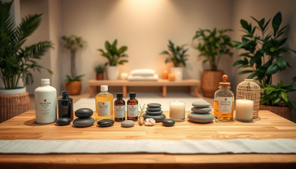 A tranquil spa setting with a soothing color palette. A wooden table in the foreground features an array of massage oils, stones, and tools for various massage techniques - Swedish, deep tissue, aromatherapy, and hot stone. The background features a minimalist, natural-inspired decor with soft lighting, lush potted plants, and a serene atmosphere. The image conveys a sense of relaxation, indulgence, and an invitation to explore the different massage modalities on offer. A tranquil spa setting with a soothing color palette. A wooden table in the foreground features an array of massage oils, stones, and tools for various massage techniques - Swedish, deep tissue, aromatherapy, and hot stone. The background features a minimalist, natural-inspired decor with soft lighting, lush potted plants, and a serene atmosphere. The image conveys a sense of relaxation, indulgence, and an invitation to explore the different massage modalities on offer.