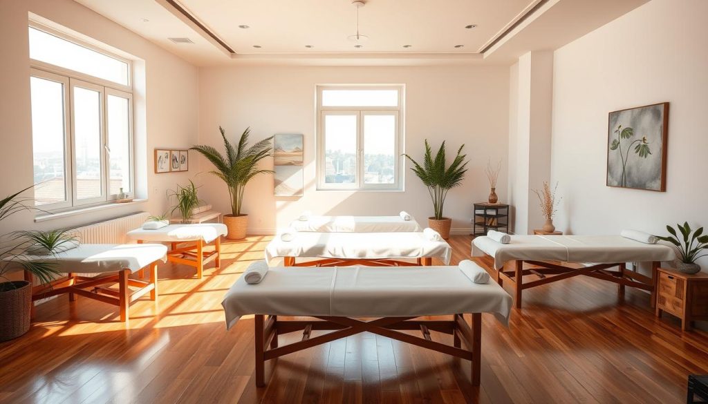 A tranquil, sun-drenched massage therapy classroom in Istanbul. The space is filled with serene, natural light, casting a warm glow on the polished wooden floors and minimalist furnishings. In the foreground, massage tables are neatly arranged, ready for students to practice their techniques. Calming greenery and soothing wall art create a zen-like ambiance, while large windows offer a glimpse of the bustling city outside. The scene evokes a sense of focus, learning, and the nurturing journey towards becoming a skilled massage therapist.