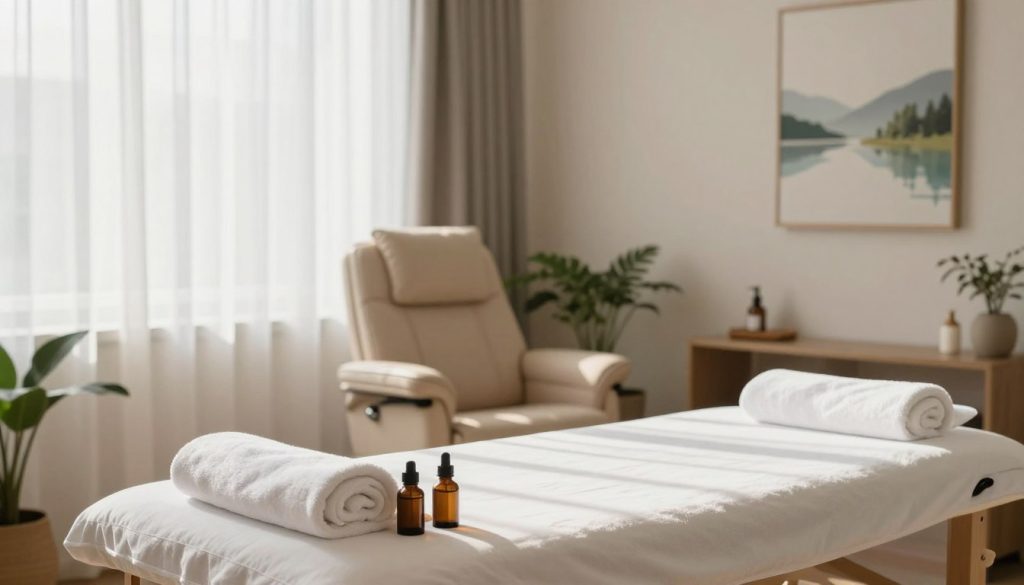 A tranquil therapy room with soft, natural lighting filtering through sheer curtains, casting gentle shadows. In the foreground, a neatly arranged massage table topped with fresh towels and soothing aromatherapy oils. In the middle, there’s a professional therapist’s chair, elegantly designed with a calming color palette. On the walls, tasteful artwork depicting serene landscapes adds to the relaxation theme. The background features indoor plants that enhance the atmosphere of wellness and comfort. The overall mood is calming and inviting, emphasizing the importance of selecting the right therapist for personal well-being. The image composition is shot with a shallow depth of field to keep the focus on the therapeutic environment, evoking a sense of safety and trust.