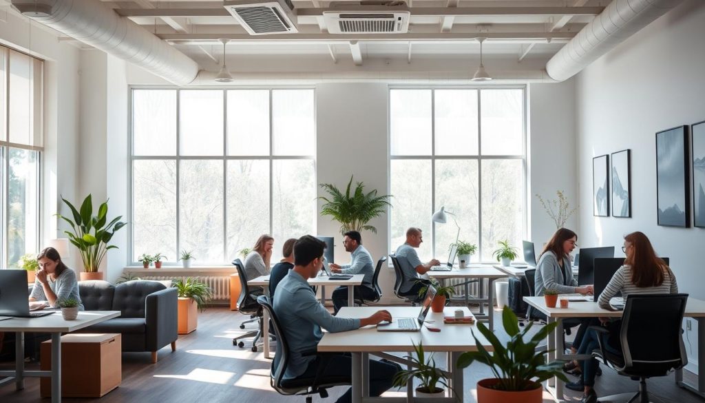 A tranquil workspace with flexible seating arrangements, ergonomic desks, and natural light streaming through floor-to-ceiling windows. Minimalist yet modern decor, with potted plants and soothing artwork on the walls. Employees collaborating in small groups or focused on individual tasks, their faces relaxed and engaged. A serene atmosphere that promotes wellness and productivity, reflecting the evolving trends in the modern workplace.