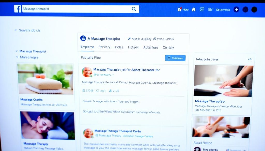 A vibrant and clean Facebook interface with a prominent search bar, filtering options, and a well-organized list of the latest massage therapist job postings. The layout should convey a sense of professionalism and functionality, reflecting the current trends in online job platforms. The overall mood should be one of efficiency and practicality, catering to the needs of both job seekers and employers in the massage therapy industry. The image should be captured from a slightly elevated angle, providing a clear and comprehensive view of the digital workspace. A vibrant and clean Facebook interface with a prominent search bar, filtering options, and a well-organized list of the latest massage therapist job postings. The layout should convey a sense of professionalism and functionality, reflecting the current trends in online job platforms. The overall mood should be one of efficiency and practicality, catering to the needs of both job seekers and employers in the massage therapy industry. The image should be captured from a slightly elevated angle, providing a clear and comprehensive view of the digital workspace.