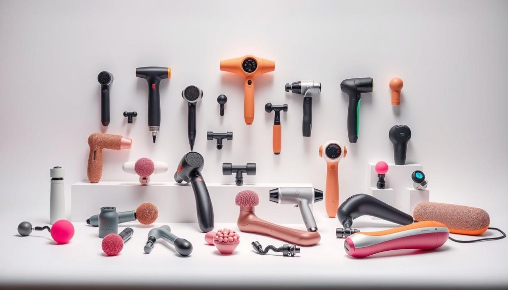 A vibrant display of massage device models and product variety, artfully arranged on a minimalist white background. Soft lighting accentuates the sleek, ergonomic designs, inviting the viewer to imagine the relaxing massage experience. The array showcases an assortment of sizes, shapes, and textures, highlighting the versatility of the massage tools. A serene, high-end ambiance captures the essence of an elevated in-home massage experience. A vibrant display of massage device models and product variety, artfully arranged on a minimalist white background. Soft lighting accentuates the sleek, ergonomic designs, inviting the viewer to imagine the relaxing massage experience. The array showcases an assortment of sizes, shapes, and textures, highlighting the versatility of the massage tools. A serene, high-end ambiance captures the essence of an elevated in-home massage experience.