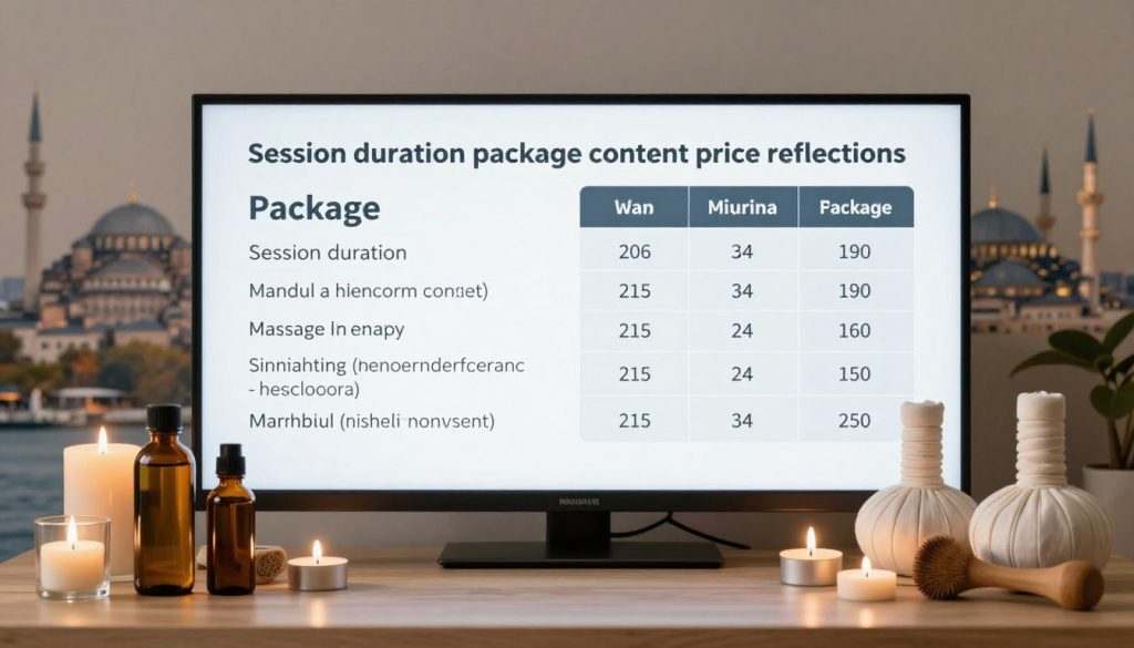 A visually engaging and informative composition illustrating "session duration package content price reflections" relevancy to massage therapy in Istanbul. In the foreground, display an elegantly arranged assortment of massage oils, candles, and therapy tools, symbolizing different session packages. The middle ground features a sleek digital pricing board showcasing various massage session durations alongside attractive package deals, providing clarity and focus. In the background, an artistic representation of Istanbul’s skyline subtly highlights the local ambiance, enhancing the context without overwhelming the viewer. The lighting should be soft and warm, creating a calming and inviting atmosphere. Employ a shallow depth of field to draw attention to the products and pricing details, conveying a sense of professionalism and trustworthiness in the massage industry.