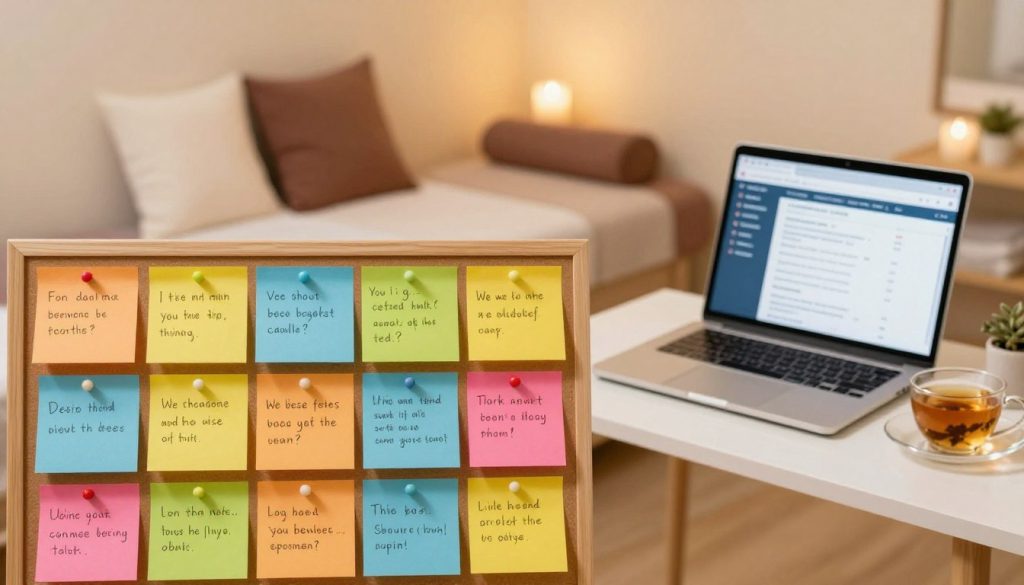 A visually engaging representation of customer feedback in the context of massage therapy. In the foreground, a collection of colorful, vibrant sticky notes or feedback forms pinned to a board, each reflecting unique, positive customer comments, showcasing emotional expressions and satisfaction. In the middle ground, a neatly organized desk with a relaxing ambiance, featuring a laptop open to a customer review website and a cup of herbal tea, symbolizing calm and professional care. In the background, soft, warm lighting enhances the serene atmosphere of a cozy massage therapy studio with soft textures, like plush pillows and calming colors, evoking a sense of trust and relaxation. The overall mood is uplifting and positive, perfect for illustrating the importance of customer feedback in massage therapy.