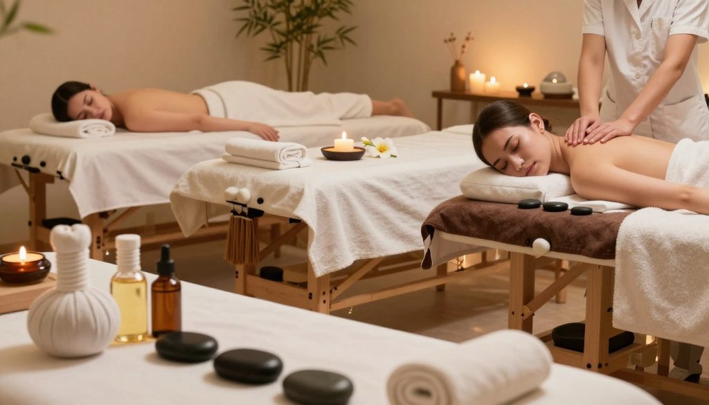 A visually striking comparison of various massage types, showcasing beautifully arranged massage tables and tools in a serene spa environment. In the foreground, display elegant massage oils and stones, meticulously organized by type: Swedish, deep tissue, and aromatherapy. In the middle, feature three massage tables, each styled uniquely to represent the different therapies, adorned with soft linens, candles, and delicate flowers. The background should display a soothing ambiance with soft, diffused lighting casting warm hues, hinting at a tranquil spa setting. Incorporate elements like gentle water fountains or bamboo plants to enhance relaxation. The overall atmosphere should evoke a sense of calm and professionalism, perfect for illustrating massage pricing comparisons.
