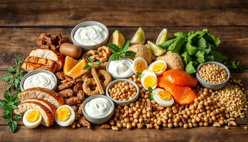 A visually stunning still life arrangement of a wide variety of protein-rich foods, neatly arranged on a rustic wooden table. The composition showcases a diverse array of high-protein ingredients such as grilled chicken breasts, seared salmon fillets, hard-boiled eggs, roasted nuts, Greek yogurt, and legumes like lentils and chickpeas. The lighting is soft and natural, casting gentle shadows and highlighting the vibrant colors and textures of the healthy, wholesome ingredients. The image conveys a sense of balance, nourishment, and the ideal post-massage meal to replenish the body.