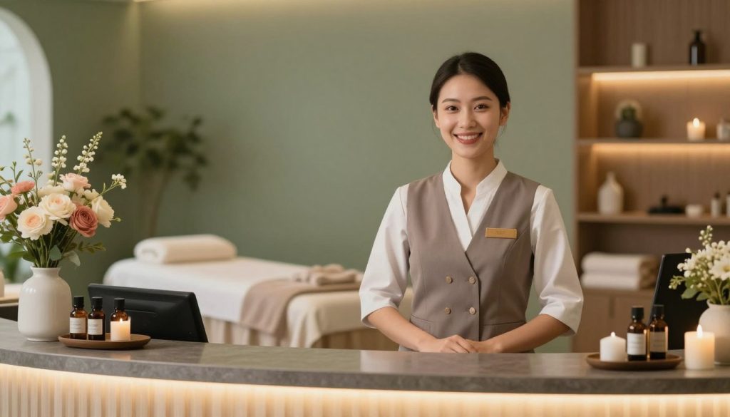 A welcoming spa reception scene featuring a cheerful, professional staff member behind a reception desk. The staff member, dressed in smart casual attire, has a bright, genuine smile, creating a friendly ambiance. The foreground includes the reception desk with elegant decorations, such as fresh flowers and essential oils. In the middle background, soft, warm lighting enhances the serene environment, featuring soothing colors like muted greens and earthy tones. Background elements showcase a tranquil spa setting, with plush massage tables and decorative plants. The overall mood is inviting and calming, emphasizing the importance of friendly service in a spa experience.