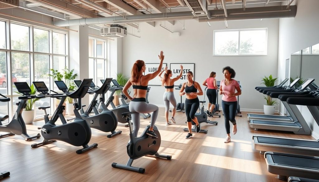 A well-equipped fitness studio with an assortment of modern exercise equipment, including stationary bikes, treadmills, and weight racks. The space is flooded with natural light from floor-to-ceiling windows, creating a bright and invigorating atmosphere. Sleek, minimalist decor in soothing tones of gray and white, complemented by potted plants and motivational wall art. The room has a spacious, open layout that encourages free movement and dynamic workouts. A group of fit, active individuals are engaged in various exercises, their movements captured in a dynamic, high-energy composition that conveys the essence of a wellness-focused fitness program.