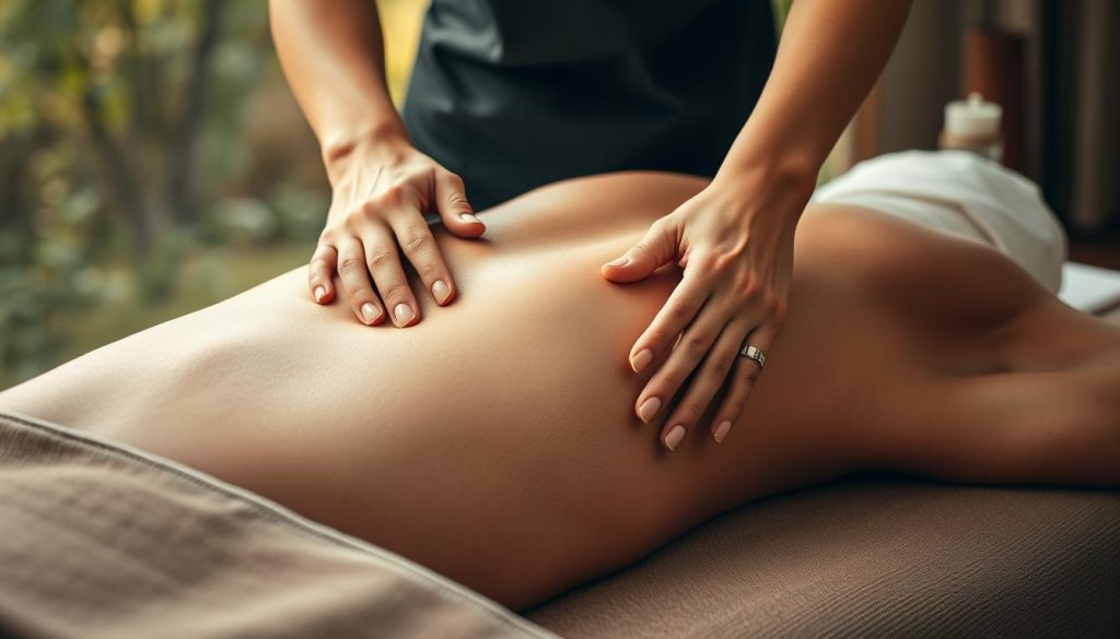 A well-lit, close-up view of a masseuse's hands performing massage techniques on the lower back of a patient lying on a massage table. The masseuse's fingers gently knead and apply pressure to the muscles, aiming to alleviate pain and tension. The massage table is positioned in a serene, natural setting, with soft lighting and earthy tones creating a calming, therapeutic atmosphere. The composition focuses on the interaction between the masseuse's hands and the patient's body, conveying the expertise and care involved in the treatment of lower back issues.