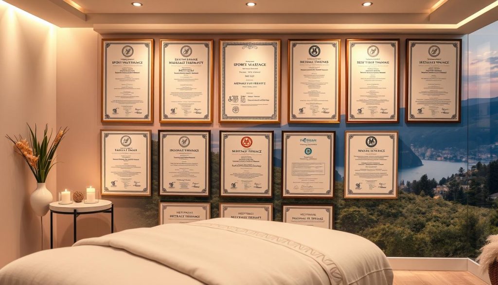 A well-lit, high-resolution image showcasing the diverse qualifications and expertise of Istanbul's massage therapists. The foreground depicts an elegantly designed massage room, with soothing lighting, plush fabrics, and high-quality massage equipment. In the middle ground, a series of certificates, diplomas, and accreditations from respected healthcare institutions are displayed, highlighting the therapists' extensive training and expertise in various massage modalities, including sports massage, deep tissue therapy, and aromatherapy. The background features a serene, natural landscape, conveying a sense of tranquility and holistic wellness. The overall atmosphere is one of professionalism, expertise, and a commitment to providing exceptional healthcare services to the people of Istanbul.
