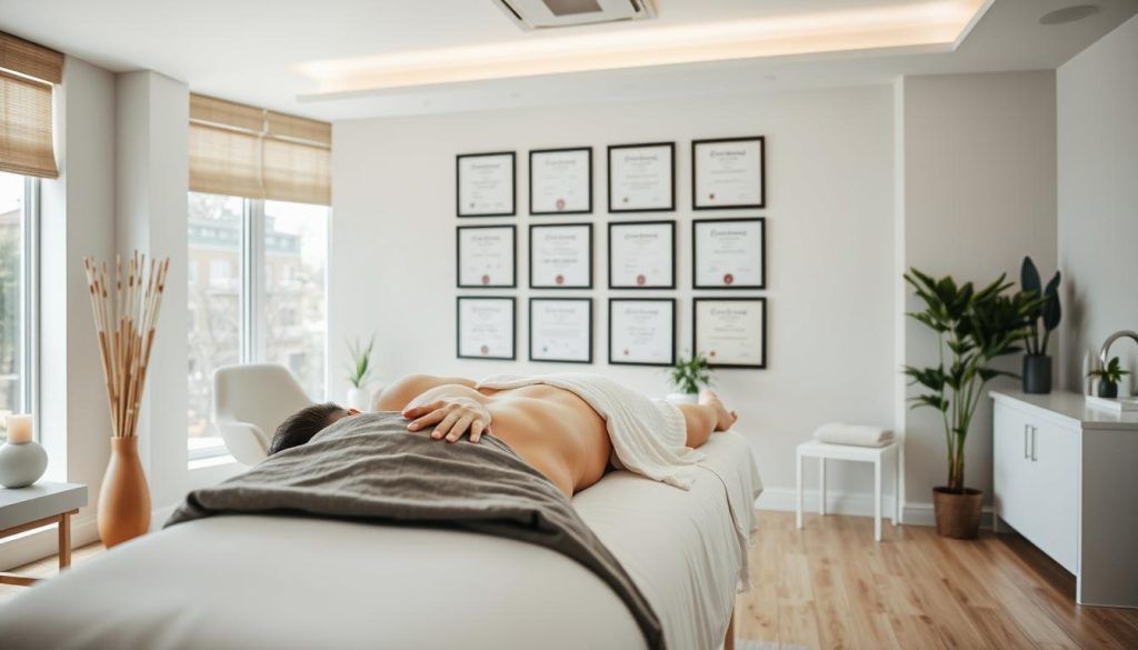 A well-lit, professional massage studio with modern equipment and soothing decor. In the foreground, a masseuse demonstrates proper massage techniques on a massage table, their hands gliding smoothly over the muscles. In the middle ground, a series of framed certificates and diplomas showcasing the masseuse's education and experience in the field of massage therapy. The background features floor-to-ceiling windows, allowing natural light to fill the space and create a calming, serene atmosphere. The overall composition conveys a sense of expertise, professionalism, and the dedication required to succeed in a massage therapy career.