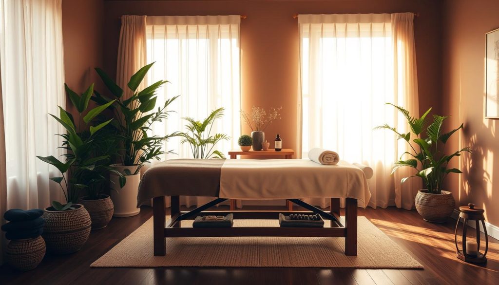 A well-lit, serene massage therapy room with warm, earthy tones. A wooden massage table takes center stage, surrounded by lush potted plants and natural light filtering through sheer curtains. Soft, diffused lighting casts a soothing glow, creating an atmosphere of tranquility and rejuvenation. The room is adorned with minimalist decor, emphasizing the focus on the therapeutic experience. High-quality massage oils and aromatherapy diffusers are neatly arranged, suggesting the expertise and care of the practitioners. The overall scene conveys a sense of professionalism, comfort, and the promise of a truly restorative massage session. A well-lit, serene massage therapy room with warm, earthy tones. A wooden massage table takes center stage, surrounded by lush potted plants and natural light filtering through sheer curtains. Soft, diffused lighting casts a soothing glow, creating an atmosphere of tranquility and rejuvenation. The room is adorned with minimalist decor, emphasizing the focus on the therapeutic experience. High-quality massage oils and aromatherapy diffusers are neatly arranged, suggesting the expertise and care of the practitioners. The overall scene conveys a sense of professionalism, comfort, and the promise of a truly restorative massage session.