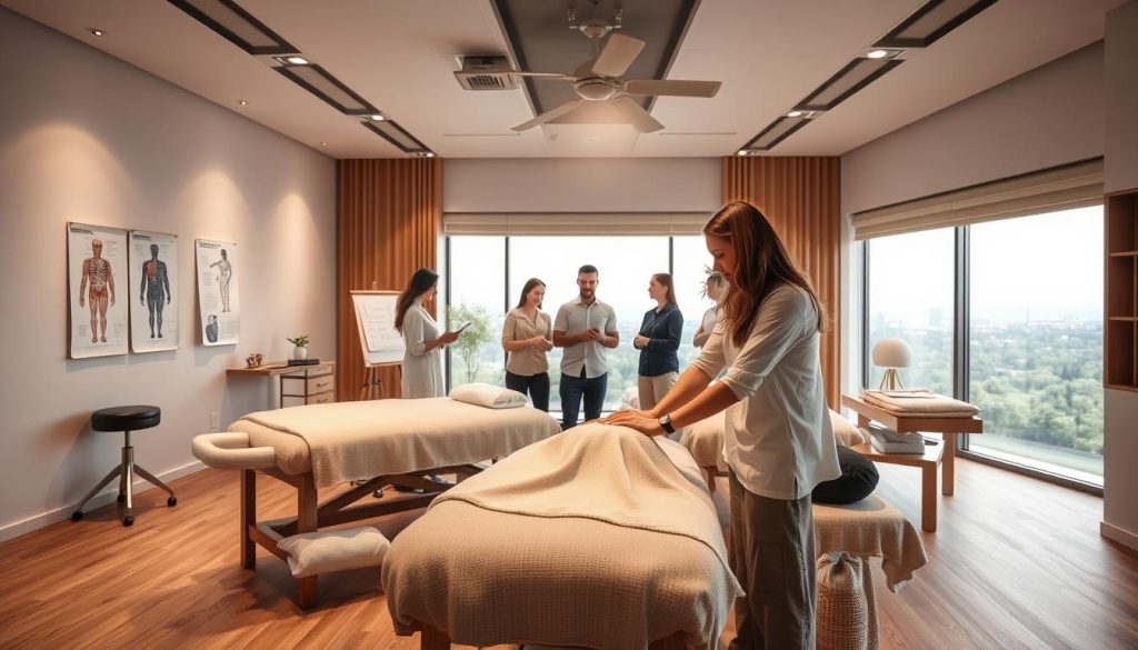 A well-lit studio with modern massage tables and equipment, showcasing the professional atmosphere of a masöz (massage therapist) training program. Soft lighting illuminates the serene, calming environment, with natural textures like wood and linen accents. In the foreground, a masöz demonstrates proper massage techniques on a practice model, their hands moving with expertise and care. The middle ground features students observing intently, taking notes and practicing on each other, surrounded by anatomical charts and educational materials. The background depicts a tranquil scene, perhaps with soothing greenery or a view of a city skyline, reflecting the holistic wellbeing focus of the program.