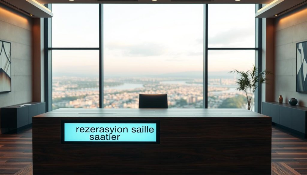 An elegant and serene office interior, with a large wooden desk in the foreground featuring a sleek, minimalist digital display showcasing "rezervasyon saatleri". The desk is positioned in front of a panoramic window, offering a picturesque view of a tranquil urban landscape. The lighting is soft and warm, creating a calming ambiance. The walls are adorned with soothing neutral tones and subtle, abstract art pieces. The overall atmosphere exudes professionalism, efficiency, and a commitment to providing a high-quality customer experience.