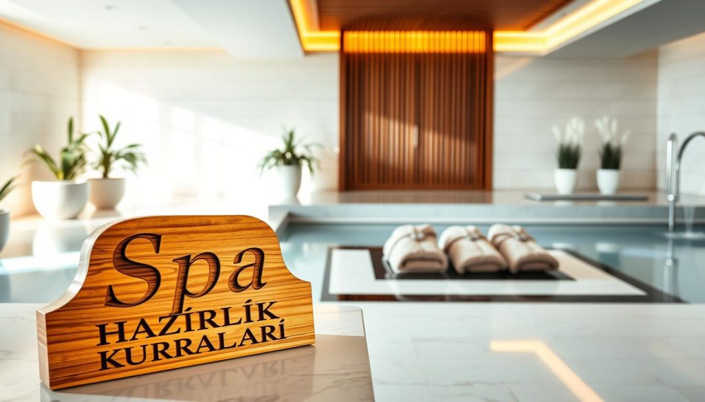 An elegant and serene spa interior, bathed in soft, natural lighting. The foreground features a wooden sign with the title "Spa Hazırlık Kuralları" carved into its surface, resting on a marble countertop. In the middle ground, plush robes and slippers are neatly arranged, inviting guests to indulge in the luxurious relaxation experience. The background showcases a tranquil, minimalist design with white tiles, soothing water features, and potted plants, creating a calming and rejuvenating atmosphere. An elegant and serene spa interior, bathed in soft, natural lighting. The foreground features a wooden sign with the title "Spa Hazırlık Kuralları" carved into its surface, resting on a marble countertop. In the middle ground, plush robes and slippers are neatly arranged, inviting guests to indulge in the luxurious relaxation experience. The background showcases a tranquil, minimalist design with white tiles, soothing water features, and potted plants, creating a calming and rejuvenating atmosphere.
