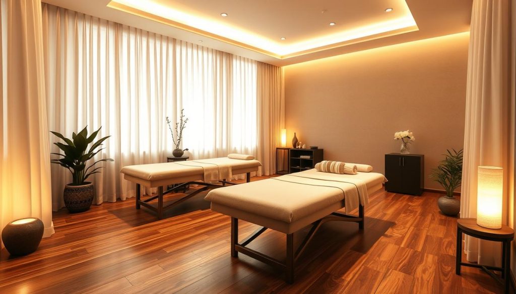 An elegantly designed, high-end massage salon in the heart of Şişli, Istanbul. The warm, ambient lighting casts a soft glow over the plush, contemporary furnishings. Luxurious massage tables sit atop polished hardwood floors, surrounded by soothing, neutral-toned walls. Gentle, diffused lighting filters through sheer curtains, creating a tranquil, spa-like atmosphere. Strategically placed potted plants and artful decor elements add natural touches, while the overall layout emphasizes privacy and relaxation. The scene conveys a sense of sophisticated, professional massage services tailored to the discerning clientele of Şişli.