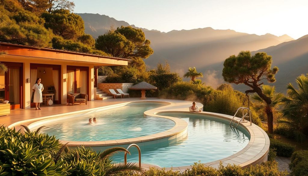 An elegantly designed thermal spa nestled amidst lush greenery, with a tranquil pool of mineral-rich waters reflecting the warm, golden sunlight. Therapists in crisp white uniforms guide guests through soothing wellness rituals, as they inhale the calming scents of aromatherapy. In the distance, majestic mountains paint a picturesque backdrop, setting the stage for a serene and restorative health tourism experience. The scene is infused with a sense of relaxation and rejuvenation, drawing visitors into a world of pure indulgence and wellness. An elegantly designed thermal spa nestled amidst lush greenery, with a tranquil pool of mineral-rich waters reflecting the warm, golden sunlight. Therapists in crisp white uniforms guide guests through soothing wellness rituals, as they inhale the calming scents of aromatherapy. In the distance, majestic mountains paint a picturesque backdrop, setting the stage for a serene and restorative health tourism experience. The scene is infused with a sense of relaxation and rejuvenation, drawing visitors into a world of pure indulgence and wellness.