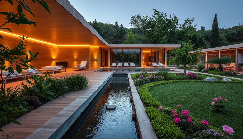 An expansive, tranquil oasis nestled amidst verdant grounds, Six Senses Spa at Kocataş Mansions invites guests to immerse themselves in a holistic wellness journey. A serene, contemporary design featuring natural materials seamlessly blends with the surrounding nature. Warm, diffused lighting casts a soothing glow, complemented by the gentle trickling of a water feature. Lush, manicured gardens with flourishing greenery and vibrant blooms frame the scene, creating a calming, restorative ambiance. Sleek, minimalist architecture with clean lines and large windows allows the natural beauty to take center stage, offering a sustainable, eco-friendly sanctuary for rejuvenation and relaxation. An expansive, tranquil oasis nestled amidst verdant grounds, Six Senses Spa at Kocataş Mansions invites guests to immerse themselves in a holistic wellness journey. A serene, contemporary design featuring natural materials seamlessly blends with the surrounding nature. Warm, diffused lighting casts a soothing glow, complemented by the gentle trickling of a water feature. Lush, manicured gardens with flourishing greenery and vibrant blooms frame the scene, creating a calming, restorative ambiance. Sleek, minimalist architecture with clean lines and large windows allows the natural beauty to take center stage, offering a sustainable, eco-friendly sanctuary for rejuvenation and relaxation.