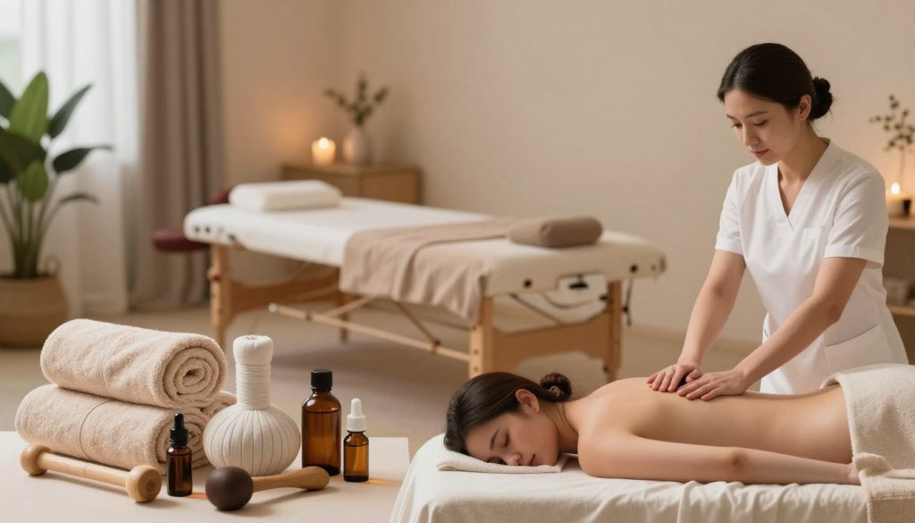 An informative, illustrative comparison of massage types: a serene and tranquil setting showcasing three distinct areas representing Swedish, deep tissue, and aromatherapy techniques. In the foreground, a beautifully arranged set of massage tools and oils specific to each type: soft, light-colored towels for Swedish massage, sturdy deep tissue tools, and aromatic essential oil bottles for aromatherapy. In the middle, a calming massage table set up, adorned with ambient lighting, creating a warm and inviting atmosphere. The background features a peaceful spa environment with soft, muted colors, plants, and minimalist decor. The overall mood is relaxing and professional, inviting viewers to explore the benefits of each massage technique without human figures. Soft, natural lighting enhances the calming feel of this idyllic spa scene.