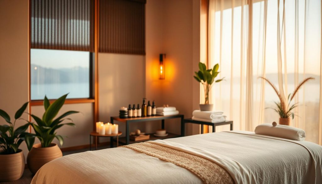 An interior scene of a professional massage studio, with warm lighting and a serene, spa-like atmosphere. A massage table is situated in the foreground, accompanied by soothing candles, plants, and soft linens. The middle ground features a selection of massage oils, towels, and other essential tools neatly arranged on a side table. In the background, a tranquil window or view offers a calming, natural backdrop. The overall mood is one of relaxation, comfort, and a high-quality, luxurious massage experience. An interior scene of a professional massage studio, with warm lighting and a serene, spa-like atmosphere. A massage table is situated in the foreground, accompanied by soothing candles, plants, and soft linens. The middle ground features a selection of massage oils, towels, and other essential tools neatly arranged on a side table. In the background, a tranquil window or view offers a calming, natural backdrop. The overall mood is one of relaxation, comfort, and a high-quality, luxurious massage experience.
