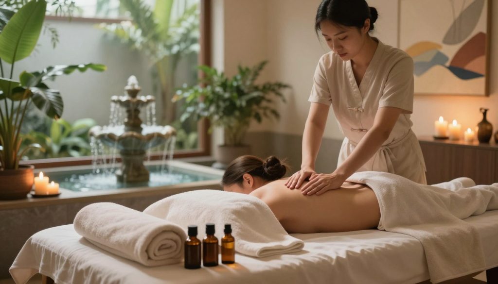 An inviting and serene spa environment showcasing the physical and mental benefits of massage therapy. In the foreground, display a tranquil massage table adorned with soft towels and essential oil bottles, illuminated by warm, diffused light. In the middle, include elements such as a soothing fountain, lush indoor plants, and candles, creating a harmonious atmosphere. In the background, depict gentle flowing water and abstract artwork reflecting calmness and relaxation. The scene should evoke a sense of peace and wellness, highlighting the transformative impact of massage on the body and mind. Capture the warm glow of natural light filtering through large windows, enhancing the atmosphere of serenity.
