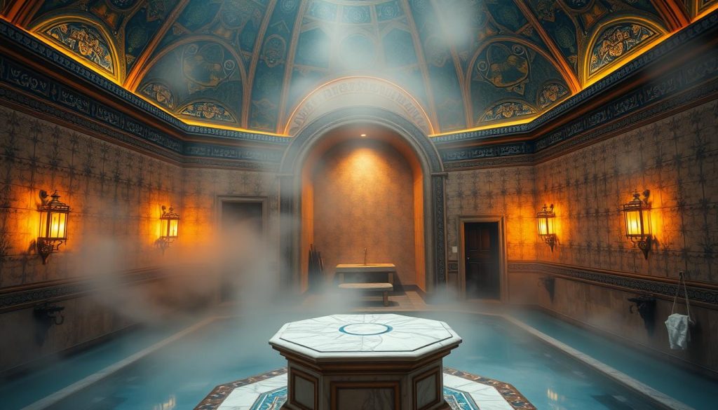 An ornate and atmospheric traditional Turkish bathhouse, the air thick with steam and the scent of essential oils. Ornate domed ceilings and intricate tilework in shades of blue, green, and gold create a serene and timeless ambiance. Warm, diffused lighting filters through the steamy atmosphere, casting a soft, amber glow. In the foreground, a central marble plinth stands ready for cleansing rituals, surrounded by ornate bronze fixtures and plush towels. The background features a tranquil, recessed alcove with a built-in stone bench, inviting relaxation and contemplation. An immersive, sensory experience that evokes the rich cultural heritage of Istanbul's centuries-old massage and bathing traditions. An ornate and atmospheric traditional Turkish bathhouse, the air thick with steam and the scent of essential oils. Ornate domed ceilings and intricate tilework in shades of blue, green, and gold create a serene and timeless ambiance. Warm, diffused lighting filters through the steamy atmosphere, casting a soft, amber glow. In the foreground, a central marble plinth stands ready for cleansing rituals, surrounded by ornate bronze fixtures and plush towels. The background features a tranquil, recessed alcove with a built-in stone bench, inviting relaxation and contemplation. An immersive, sensory experience that evokes the rich cultural heritage of Istanbul's centuries-old massage and bathing traditions.