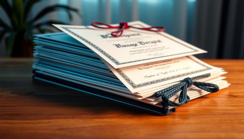Detailed image of professional massage therapist certificates. A stack of diplomas and certificates displayed on a wooden surface, with a serene, calming atmosphere. Soft lighting casts a warm glow, highlighting the quality and authenticity of the certifications. The certificates showcase the expertise and qualifications of the massage therapists, conveying a sense of professionalism and trust. The background is slightly blurred, keeping the focus on the certificates as the central subject. The overall composition and lighting create a visually appealing and visually stunning representation of the mastery and credentials of the massage therapists. Detailed image of professional massage therapist certificates. A stack of diplomas and certificates displayed on a wooden surface, with a serene, calming atmosphere. Soft lighting casts a warm glow, highlighting the quality and authenticity of the certifications. The certificates showcase the expertise and qualifications of the massage therapists, conveying a sense of professionalism and trust. The background is slightly blurred, keeping the focus on the certificates as the central subject. The overall composition and lighting create a visually appealing and visually stunning representation of the mastery and credentials of the massage therapists.