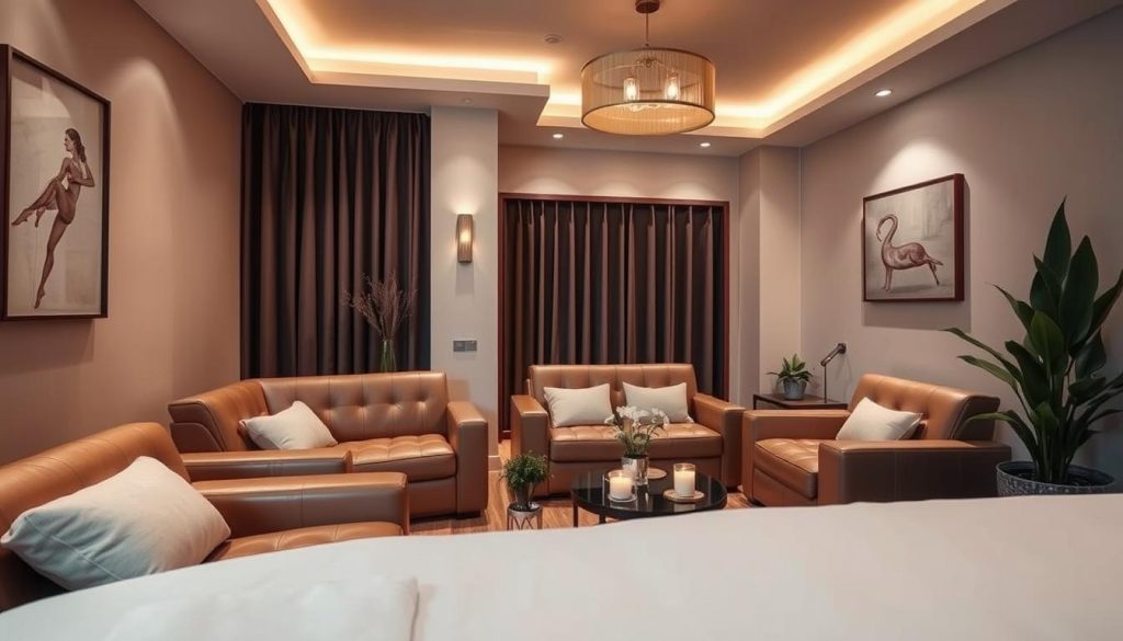 a cozy and inviting interior of a high-end massage parlor in Istanbul, featuring plush leather couches, soft lighting, and soothing wall art. The room has a calming and serene atmosphere, with a focus on natural materials and earth tones. Subtle details like potted plants and candles create a tranquil ambiance. The space is captured from a slightly elevated angle, conveying a sense of luxury and sophistication. The image should showcase the type of premium massage experience one might expect to find in a top-rated Istanbul massage salon. a cozy and inviting interior of a high-end massage parlor in Istanbul, featuring plush leather couches, soft lighting, and soothing wall art. The room has a calming and serene atmosphere, with a focus on natural materials and earth tones. Subtle details like potted plants and candles create a tranquil ambiance. The space is captured from a slightly elevated angle, conveying a sense of luxury and sophistication. The image should showcase the type of premium massage experience one might expect to find in a top-rated Istanbul massage salon.