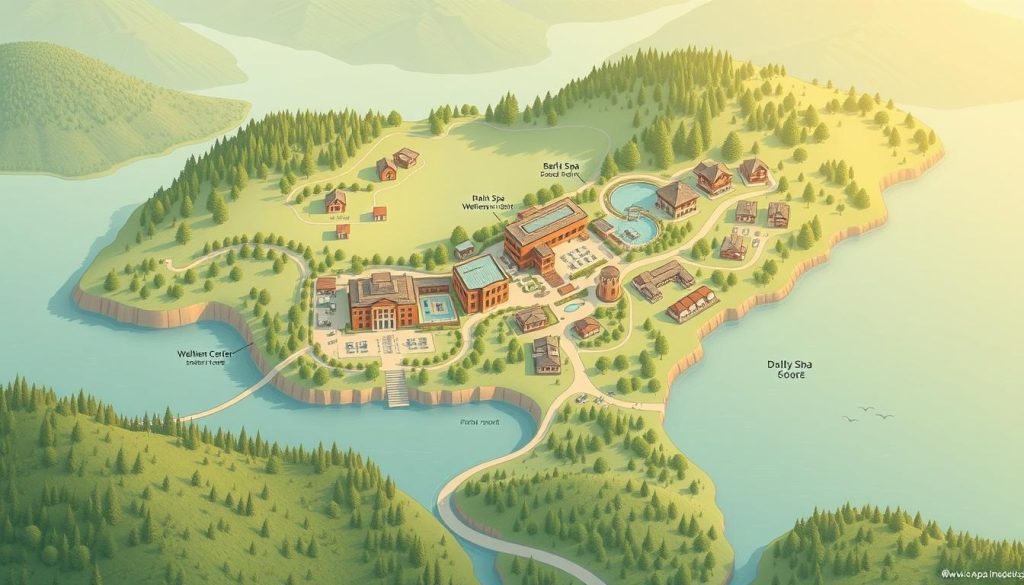 a detailed illustrated map of a spa resort location, showing the layout of the facilities, buildings, and natural surroundings. the map should have a clean, modern aesthetic with a warm, calming color palette. it should include key landmarks like the main spa building, wellness center, outdoor relaxation areas, walking trails, and scenic overlooks. the map should be rendered in a birds-eye view perspective to provide a comprehensive overview of the spa's layout and amenities. the lighting should be soft and diffused, creating a serene, tranquil atmosphere. the level of detail should be high, with fine linework and subtle textures to convey the high-end, luxurious nature of the spa resort. a detailed illustrated map of a spa resort location, showing the layout of the facilities, buildings, and natural surroundings. the map should have a clean, modern aesthetic with a warm, calming color palette. it should include key landmarks like the main spa building, wellness center, outdoor relaxation areas, walking trails, and scenic overlooks. the map should be rendered in a birds-eye view perspective to provide a comprehensive overview of the spa's layout and amenities. the lighting should be soft and diffused, creating a serene, tranquil atmosphere. the level of detail should be high, with fine linework and subtle textures to convey the high-end, luxurious nature of the spa resort.