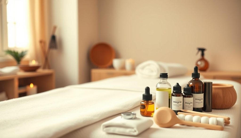 a high-quality professional image of massage therapy equipment and filtering options, such as massage tables, aromatherapy candles, massage oils, and various massage tools. The image should have a clean, modern, and minimalist aesthetic, with a warm and soothing color palette. The foreground should feature the massage equipment prominently, while the background should be blurred and out of focus, creating a sense of depth and emphasizing the main subject. The lighting should be soft and diffused, creating a calming and relaxing atmosphere. The image should convey a sense of professionalism and expertise in the field of massage therapy.
