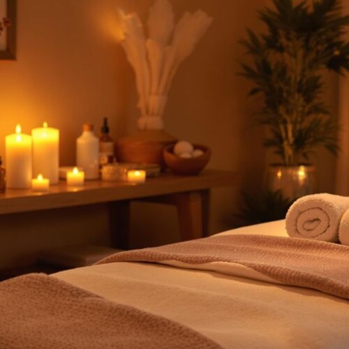 Masaj masası, aromatik yağlar ve mumlar.