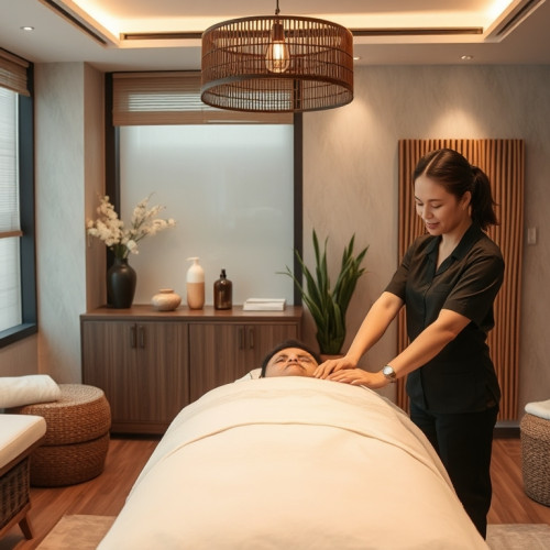 Professional massage therapist in a modern spa setting.