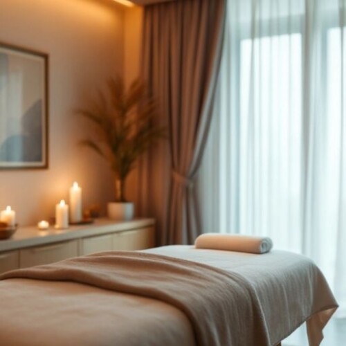 Sakin bir masaj salonu iç mekan görüntüsü.