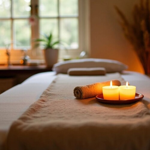 Masaj terapisi ortamı, masaj masası ve mumlar.