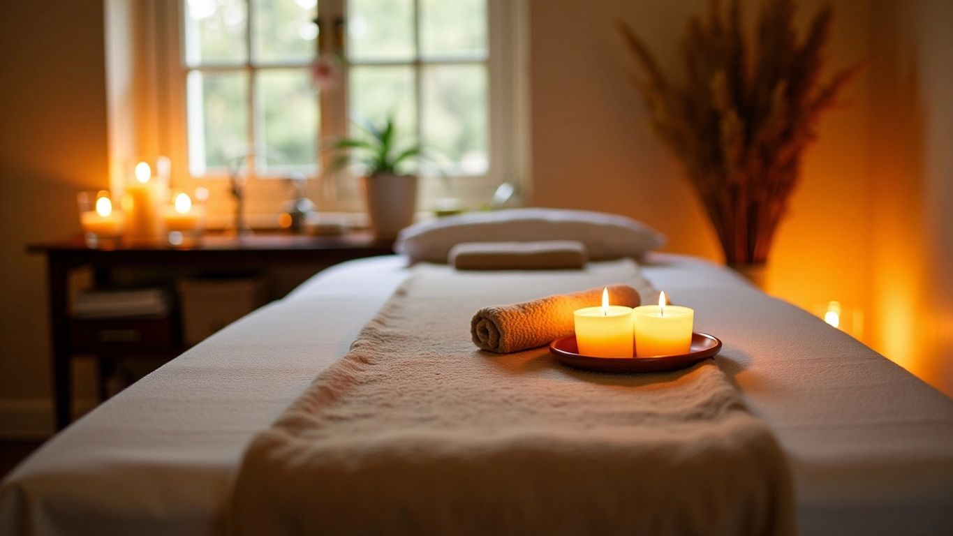 Masaj Terapisti Olmanın Yolları | Lisans ve Sertifikalar İçin Kapsamlı Rehber Masaj terapisi ortamı, masaj masası ve mumlar.