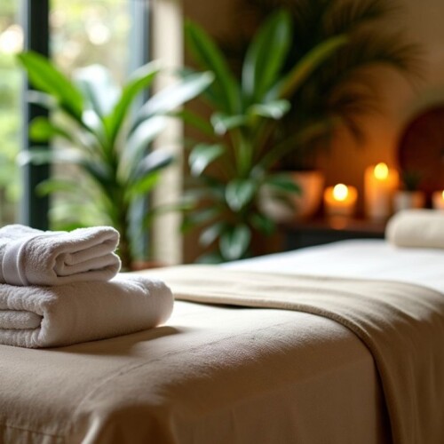 Masaj masası, havlular ve mumlar içeren bir görüntü.