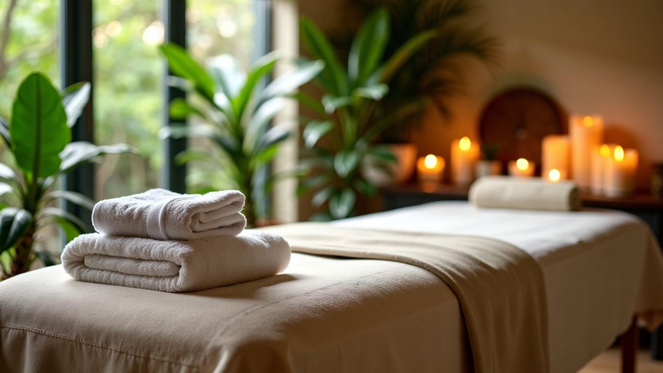 Tay Masajı Nedir? Masaj masası, havlular ve mumlar içeren bir görüntü.